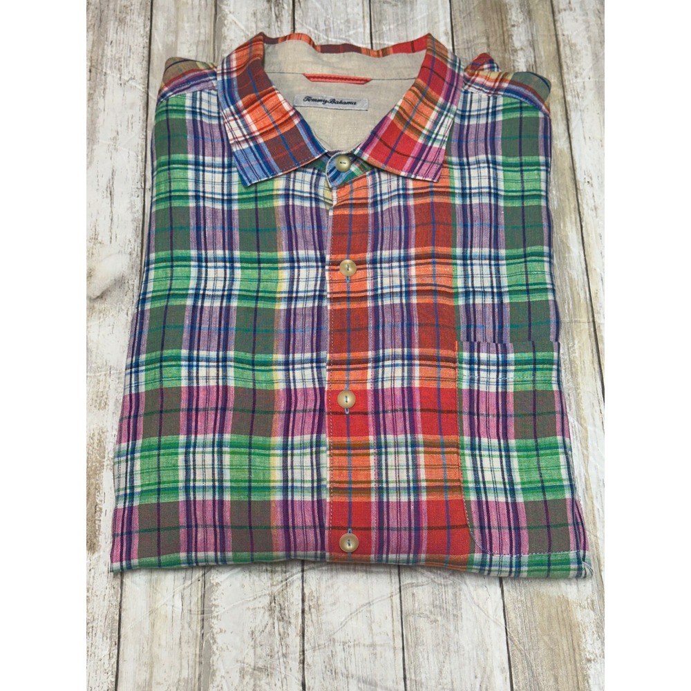 Tommy Bahama Mens XXL 100% Linen Long Sleeve Multi Color Plaid Button Down Shirt